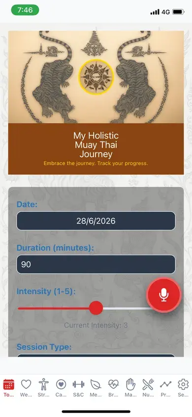 MHMTJ today screen — tap to voice-log your training session